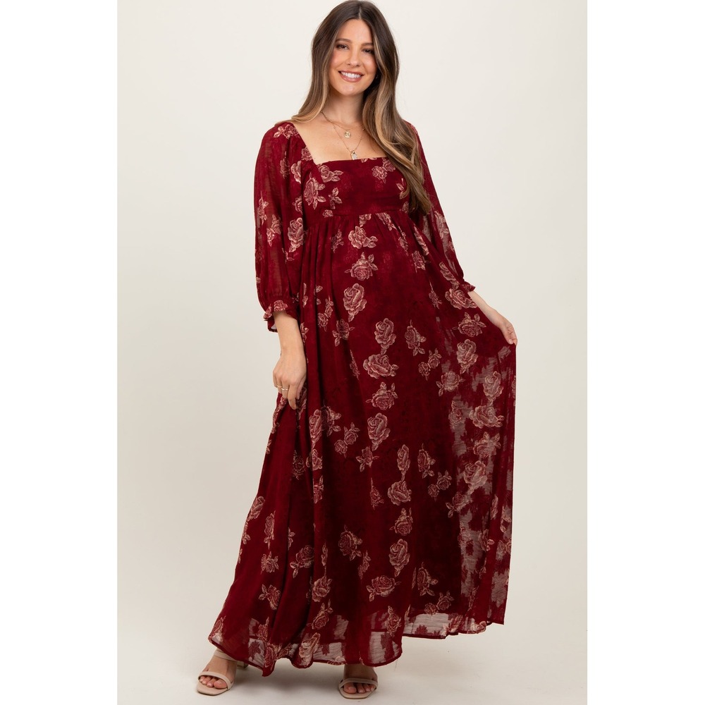 Sweet Lemon Burgundy Floral Burnout Maxi Dress Square Neck Long Sleeve